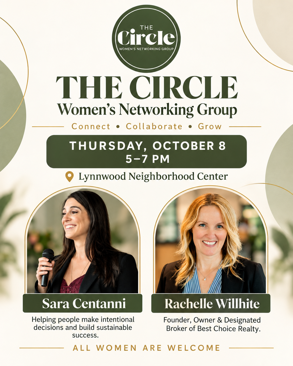 October 8 Circle flyer featuring Sara Centanni and Rachelle Willhite, 5 to 7 p.m. at Lynnwood Neighborhood Center
